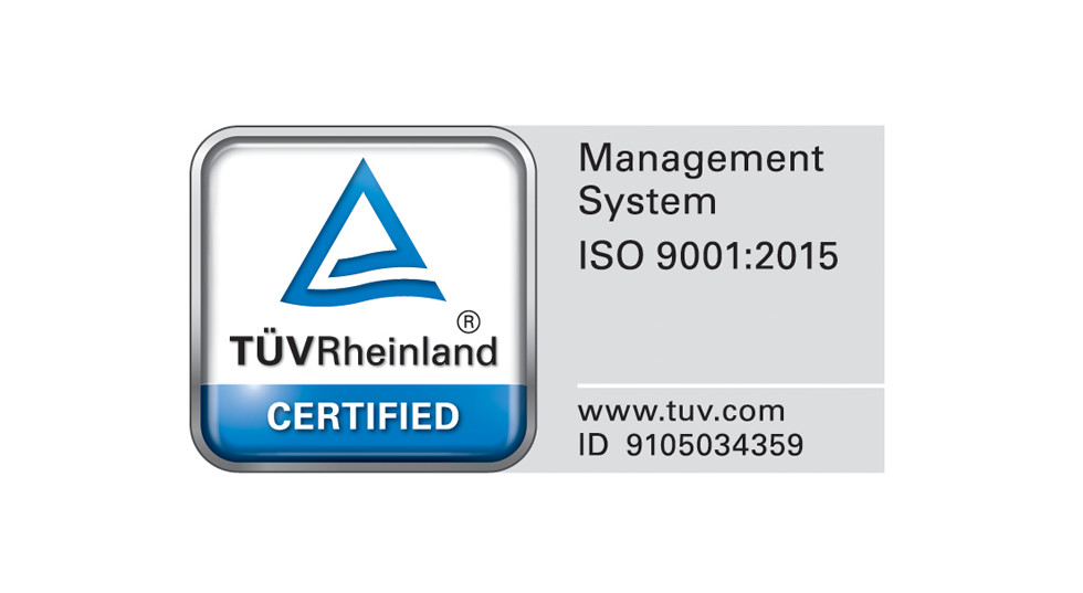 TUV Rheinland Certified management system according to ISO 9001:2015 ID 01 100 054350.